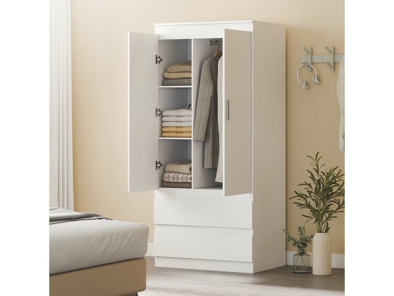  Armoire de chambre à coucher avec 2 portes, 2 tiroirs, 3 compartiments, en bois, blanche  - Conforama C