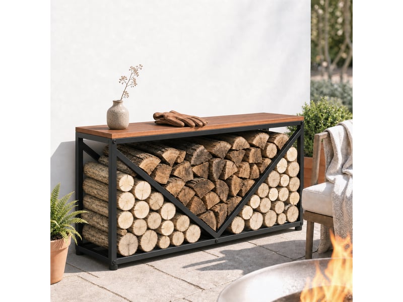 Porte-bûches intérieur 2 en 1 avec tablette, métal thermolaqué, 98 x 28 x 50 cm, charge 50 kg - Conforama C