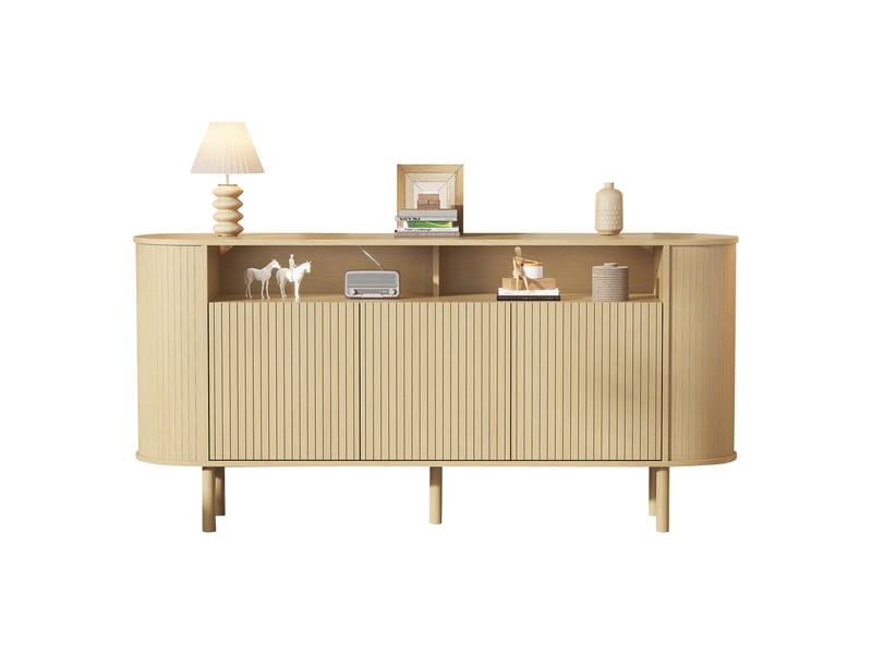  Buffet bas 160x40x78,5 cm naturel avec 3 portes ondulées, niche ouverte, pieds en bois massif Fay Lum - Conforama A