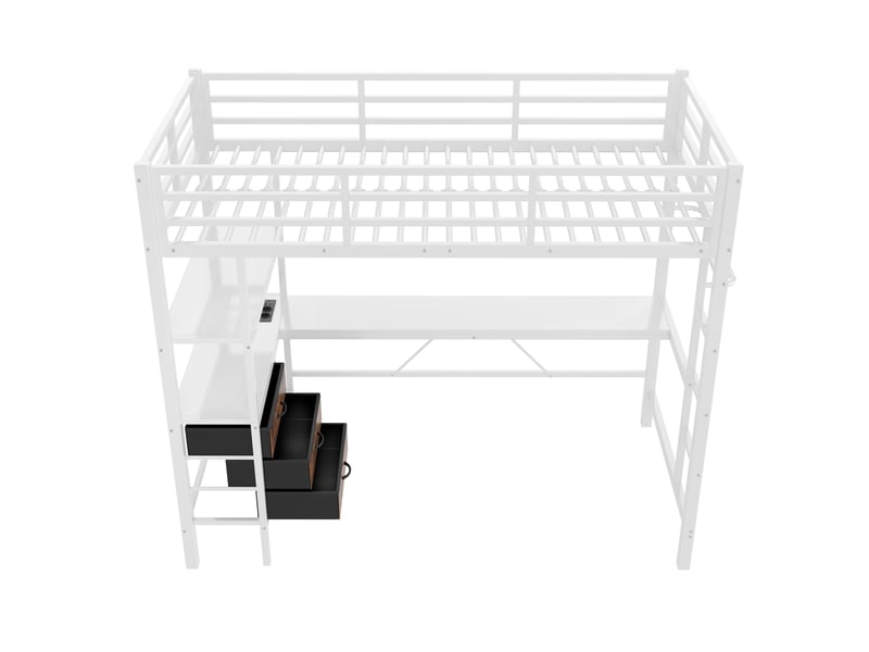  Lit mezzanine blanc 90 × 200 cm, bureau, led, usb, 3 tiroirs et étagères  - Conforama E