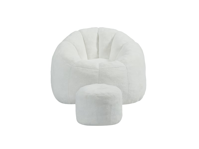 Pouf poire avec repose-pieds 105x105x70 cm, forme fleur, mousse et polyester blanc cassé  - Conforama A