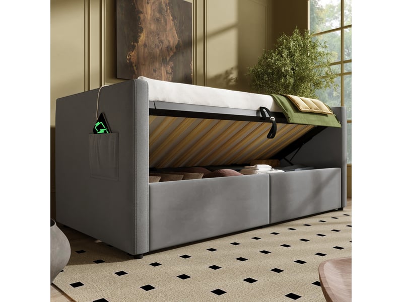  Lit coffre tcqpz 90 x 200 cm gris velours avec recharge usb et type-c avec sommier à lattes  - Conforama E