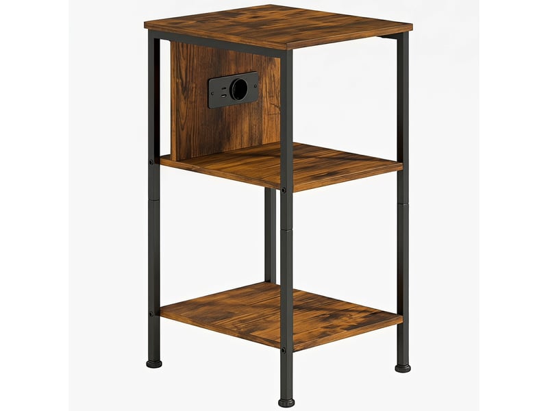  Table d'appoint avec station de charge, bout de canapé étroit avec 2 étagères ouvertes, style industriel, brun rustique  - Conforama B