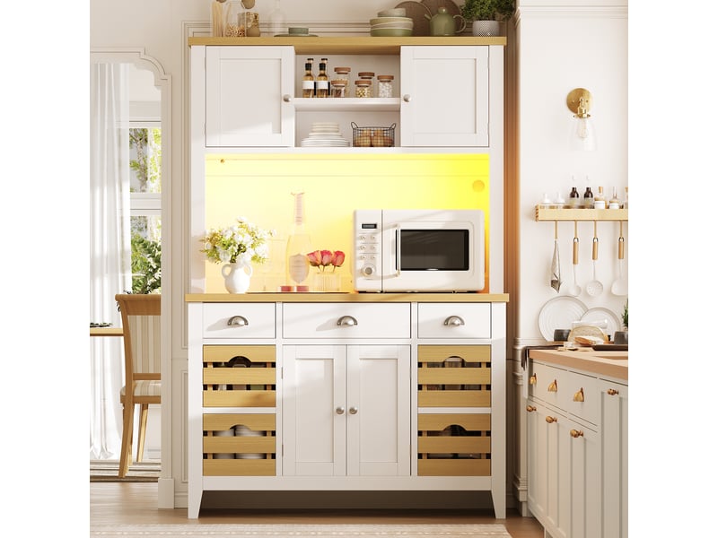  Armoire colonne led rgb 120x40x188 cm blanche, portes soft close, étagères réglables, paniers amovibles, plateau effet bois, rangement moderne  - Conforama C