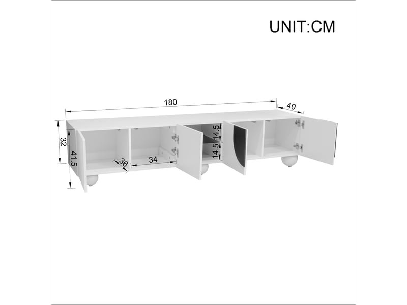  Meuble tv moderne noir et blanc, portes push-to-open, niche centrale ouverte, 180 x 40 x 41,5 cm  - Conforama C