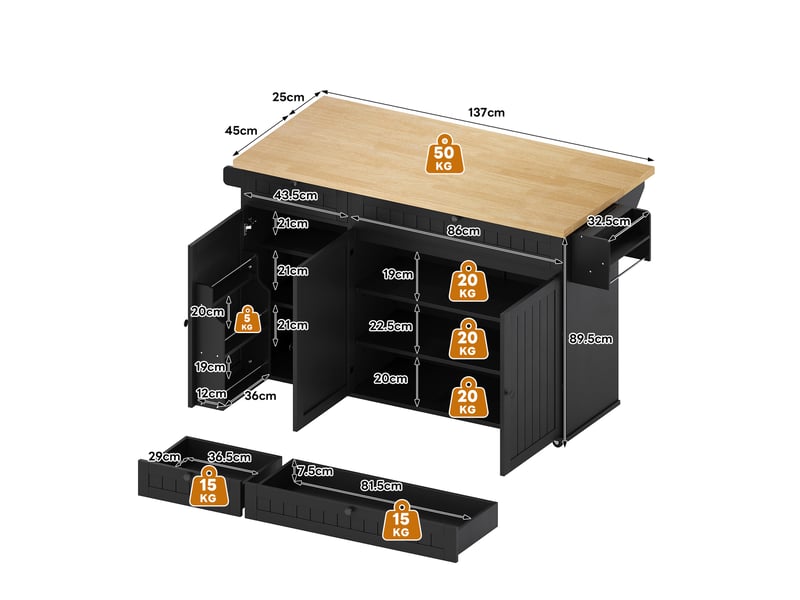  Îlot de cuisine 137x70x89,5 cm en mdf naturel et noir avec plateau rabattable  - Conforama C