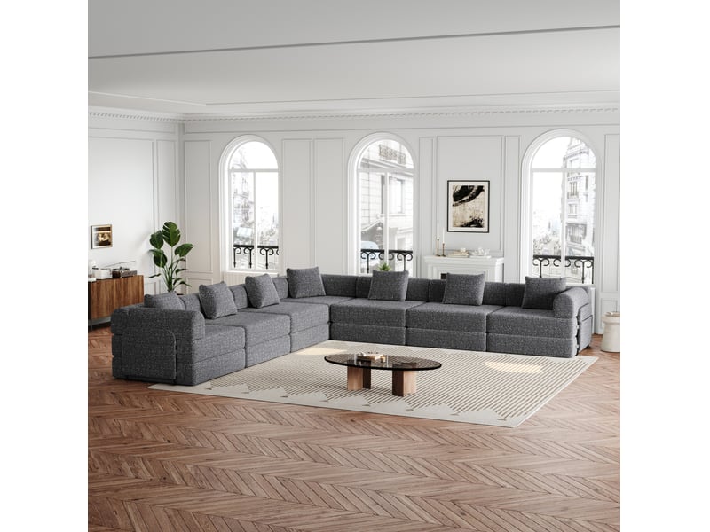  Canapé modulable convertible 6 places en tissu gris avec rangement d'accoudoir et structure acier – 2-en-1  - Conforama B