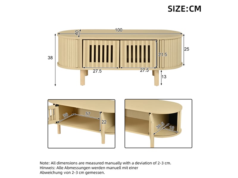  Table basse ovale 100x40x38 cm, 2 portes à lames et porte coulissante, en mdf et bois, coloris naturel  - Conforama E