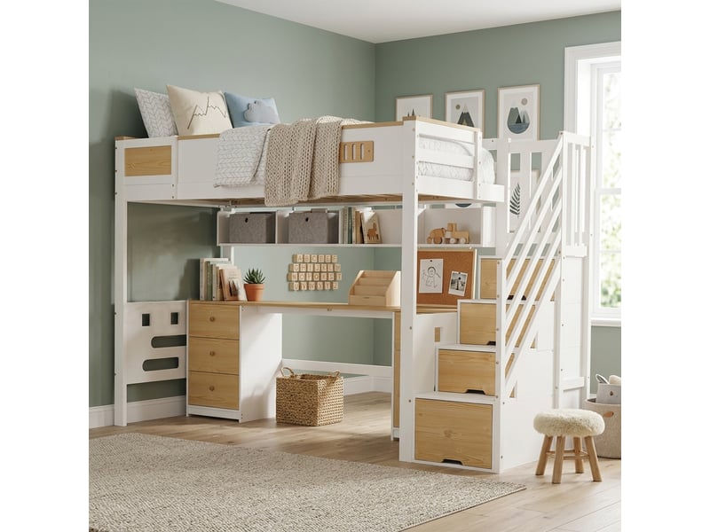  Lit mezzanine 90x200 cm avec bureau, tiroirs, escalier avec rangement et étagère suspendue, pin et mdf, blanc et naturel OMNIGLINT TRADING LTD - Conforama E