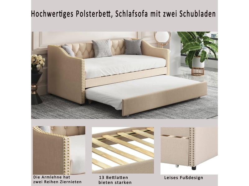  Lit de repos extensible 90 x 200 cm, canapé-lit avec lit gigogne, lit pour enfant (chambre ou salon), revêtement en tissu, sans matelas  - Conforama E