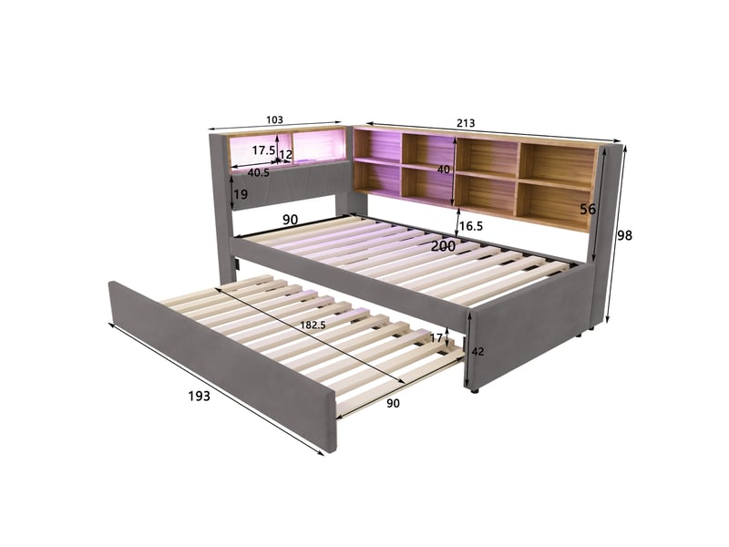  Lit banquette 90 x 200 cm avec lit gigogne 90 x 190 cm, canapé-lit multifonction, led, prises et rangements, gris foncé evarich - Conforama C
