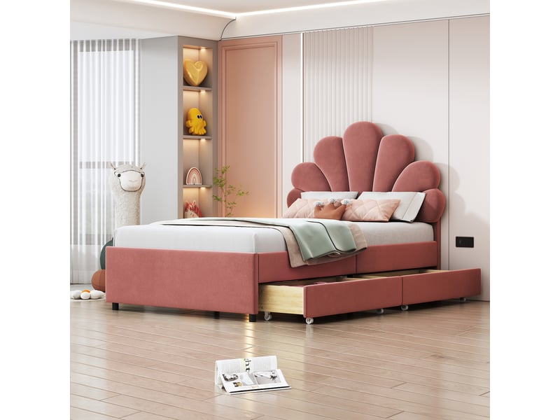 Lit avec rangement 90x200 cm, revêtement en velours, coloris rose, tiroirs intégrés, tête de lit rembourrée, tête de lit florale, cadre stable - Conforama D