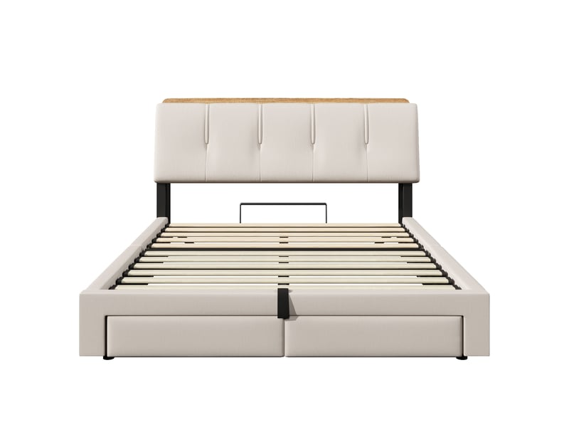  Lit coffre 140x200 cm, lit double, rangement hydraulique, led, lin beige, usb et usb-c  - Conforama B