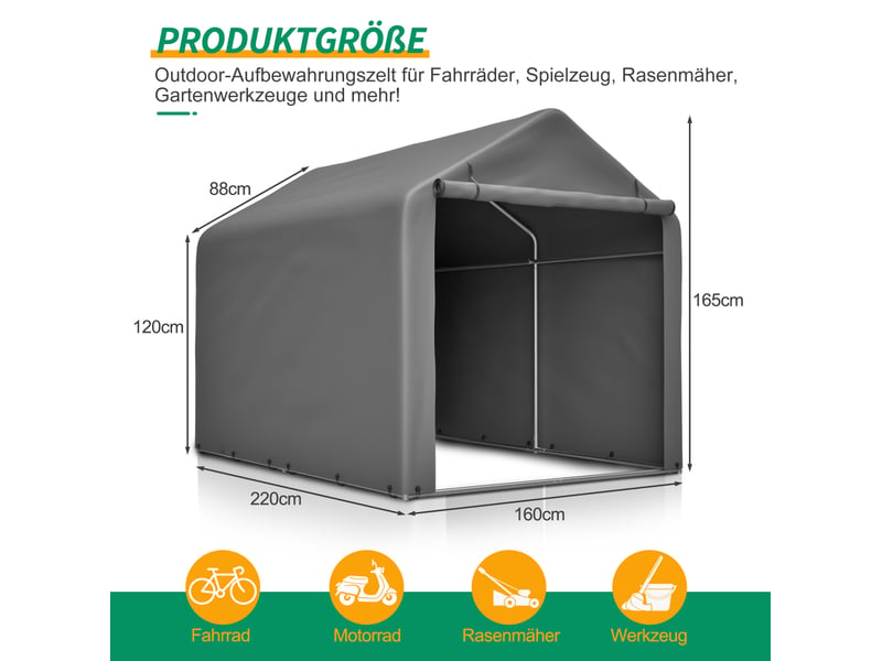  Abri de rangement pour vélos gris 160 x 220 x 165 cm en métal et pe, étanche avec porte enroulable extérieure  - Conforama C