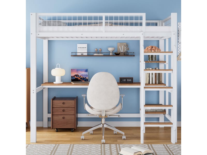 Lit mezzanine 90x200 cm avec bureau et étagères, lit surélevé gain de place chambre enfant et ado, en métal et bois mdf avec échelle, blanc et naturel - Conforama C