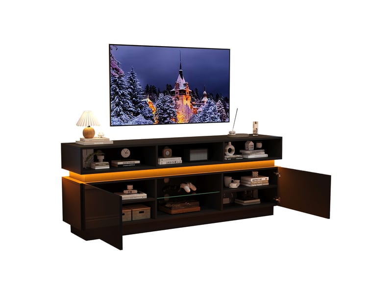  Meuble tv 160 cm noir brillant avec led app-contrôlée, plateau en verre trempé, pour écrans jusqu'à 60 pouces  - Conforama B