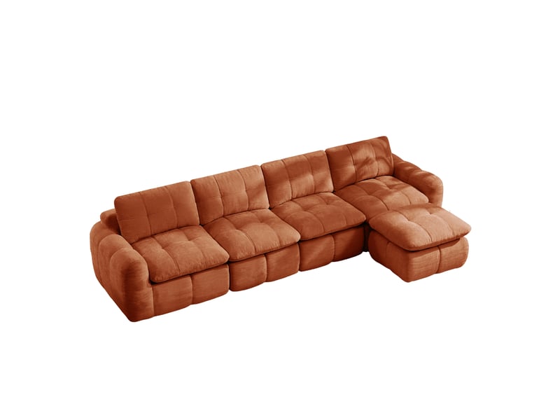  Canapé d'angle modulaire 4 places sans cadre avec ottomane et assise profonde, design matelassé en chenille orange  - Conforama A