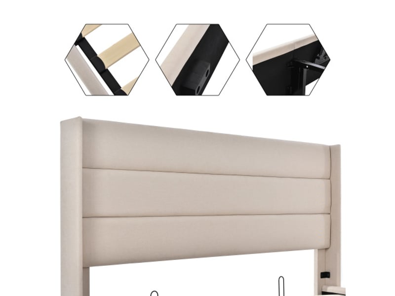  Lit rembourré lit double rangement hydraulique 140x200cm, sommier à lattes en bois, lin, beige, sans matelas  - Conforama E