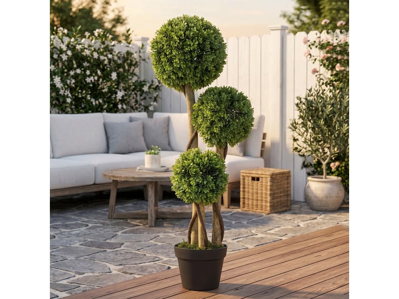  Plante de buis artificielle avec 3 boules et un pot inclus, base renforcée, hauteur 90 cm  - Conforama C