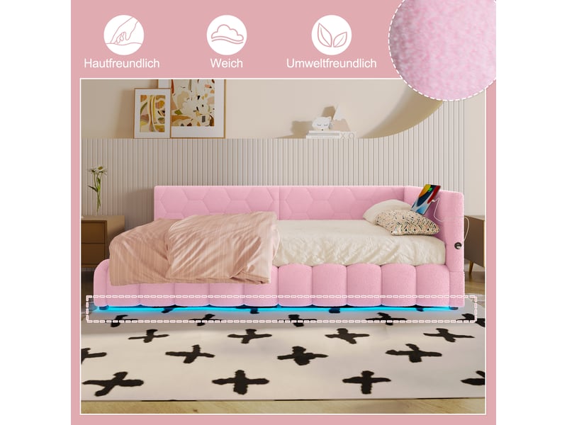 Lit banquette 90x200 rose avec éclairage led - lit coffre hydraulique velours avec ports usb - Conforama D