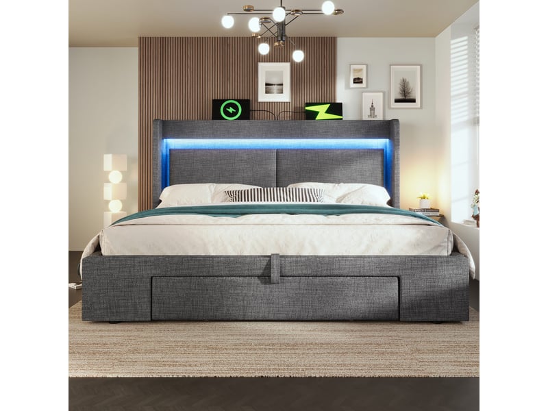 Lit coffre rembourré 140 x 200 cm en lin gris, tête de lit avec rangement, led, usb et usb-c AB30420901G - Conforama D