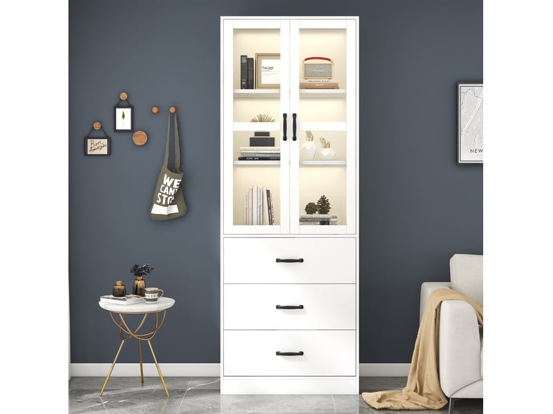  Vitrine 60x40x200 cm avec led, 3 tiroirs et portes en verre blanc  - Conforama D