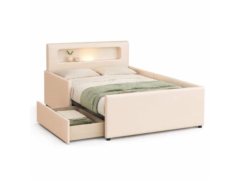 Lit enfant avec tiroirs, lit simple 90x200 cm en similicuir beige avec usb, veilleuse led et côtés rehaussés - Conforama A