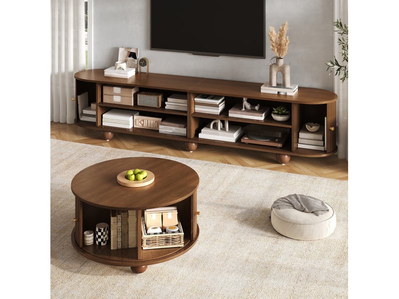  Ensemble table basse ronde et meuble tv incurvé 180 x 35 x 45 cm + 72 x 72 x 38 cm, portes coulissantes, mdf, noyer  - Conforama D