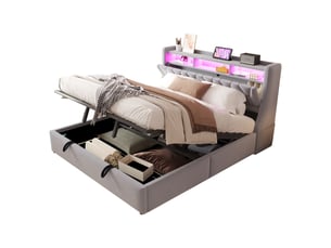 Lit coffre 180 × 200 cm 2 places avec usb, type c, led et rangement, sans matelas, en velours gris clair
