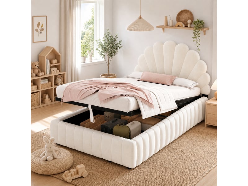 Lit coffre enfant 90x200 cm avec sommier à lattes, velours beige  - Conforama C