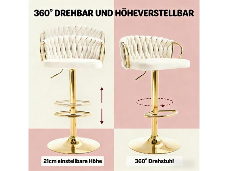  Lot de 2 tabourets de bar,réglables et pivotants,velours,blanc crème  - Conforama E