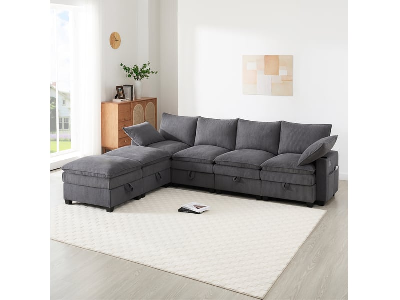  Canapé modulaire 5 à 6 places en velours côtelé gris avec rangements, ports usb et repose-pieds amovibles  - Conforama D