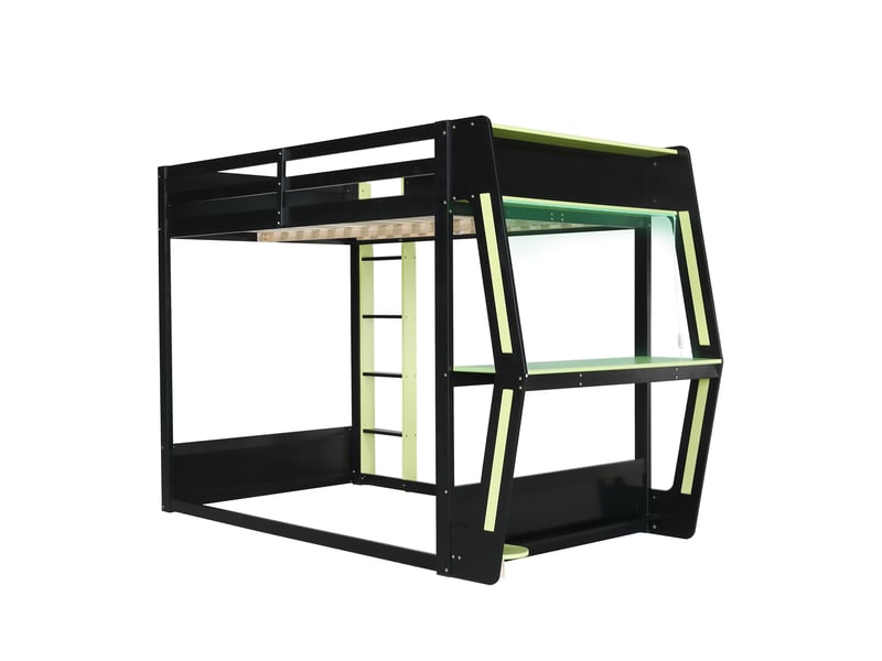  Lit mezzanine gaming 120x200 cm noir et vert avec bureau, rangement et led  - Conforama D