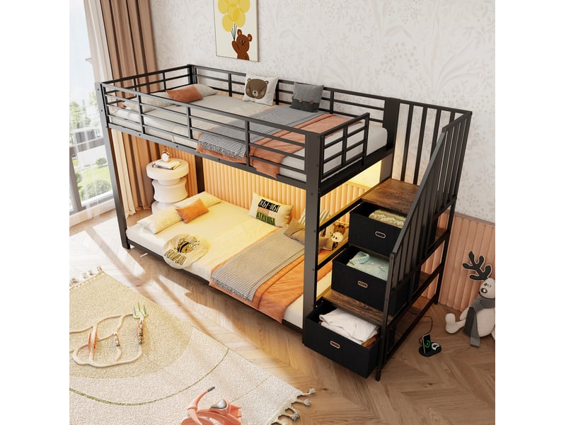  Lit superposé modenvie pour adultes 90 x 200 cm avec escalier de rangement led prises usb noir  - Conforama B