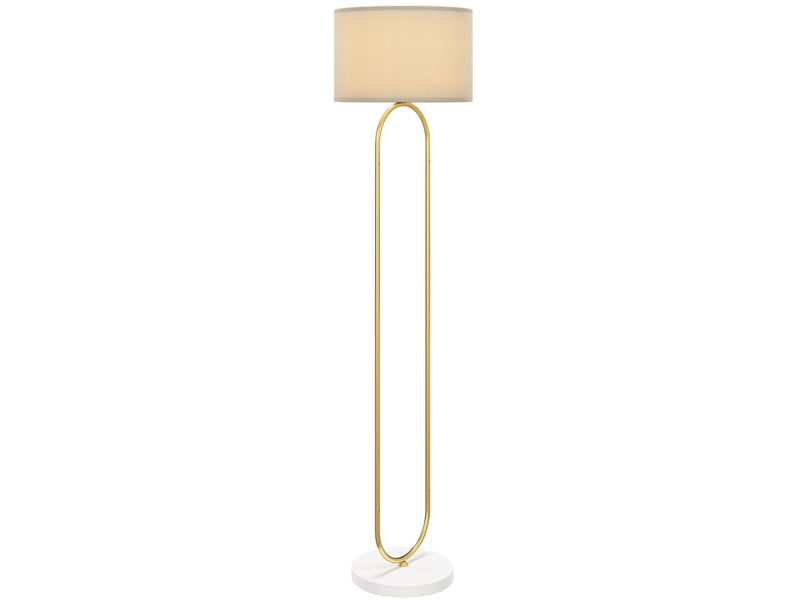  Lampadaire moderne avec abat-jour en tissu, double tube métallique et interrupteur au pied, doré  - Conforama A