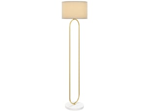 Lampadaire moderne avec abat-jour en tissu, double tube métallique et interrupteur au pied, doré