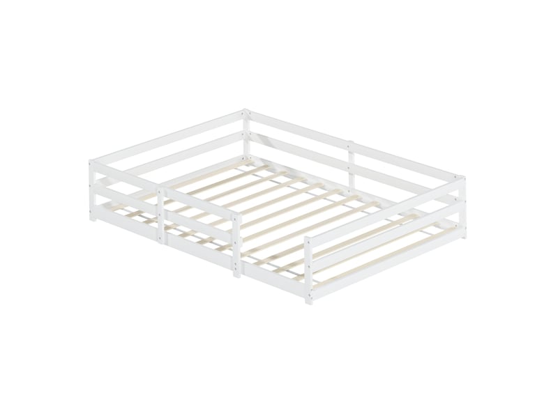  Lit enfant montessori 140x200 cm, lit bas avec barrière de sécurité, lit double avec sommier, bois, blanc sans matelas  - Conforama A