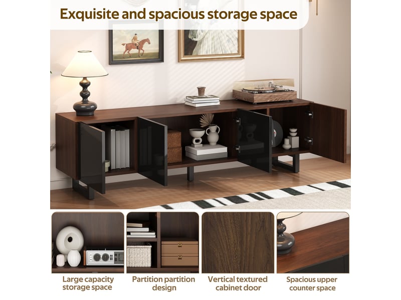 Meuble tv 180 cm – noir laqué + bois –  4 portes sans poignée - buffet bas et table tv moderne - meuble tv salon rangement naturel  - Conforama E