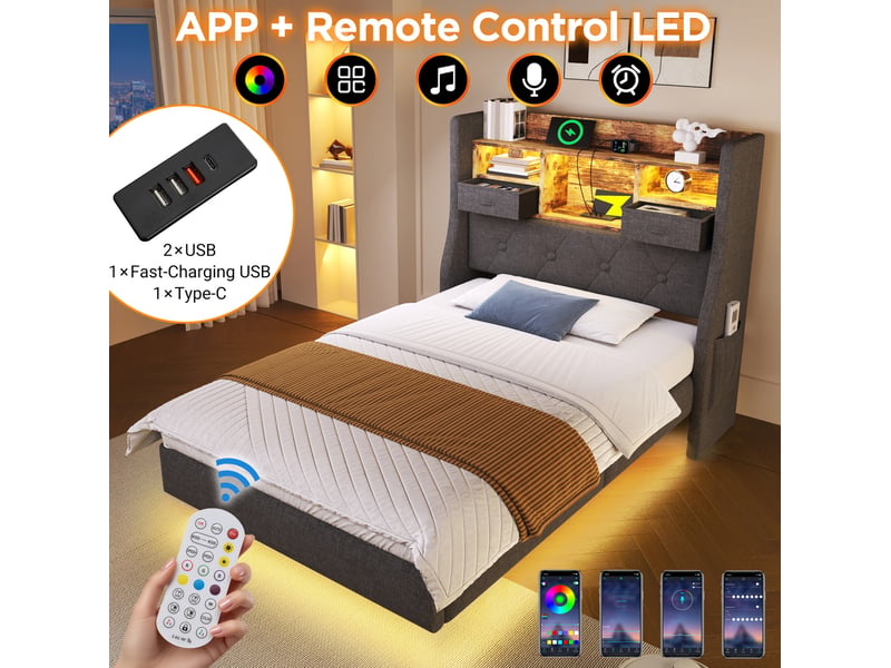  Lit enfant 90x200 cm – gris – led, tête de lit de rangement, chargeur usb-c et matelas 7 zones inclus  - Conforama E