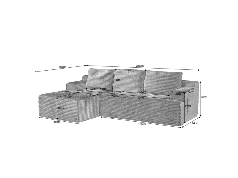  Canapé d'angle compressé en l 238x152x66 cm modulable 3 places, mousse et velours côtelé couleur vert, moderne  - Conforama C