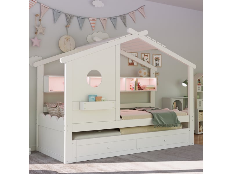 Lit enfant 90x200 avec tiroirs et lit gigogne 90x190, design maison, led, ports usb et type-c, blanc - Conforama W