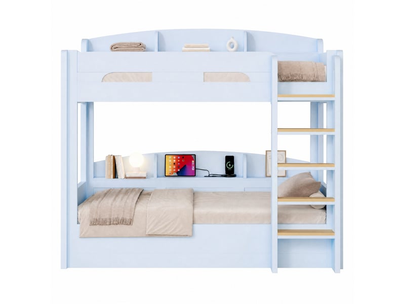  Lit superposé en bois et mdf, lit deux places avec prise usb et étagères, 90x200 cm, matelas non précisé, bleu clair  - Conforama A