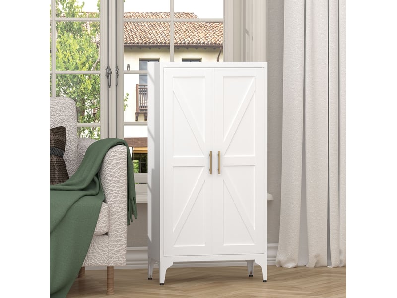 Buffet haut 120x60x30 cm, en métal avec 2 portes et tablettes réglables, style moderne, pour la maison, coloris blanc - Conforama B