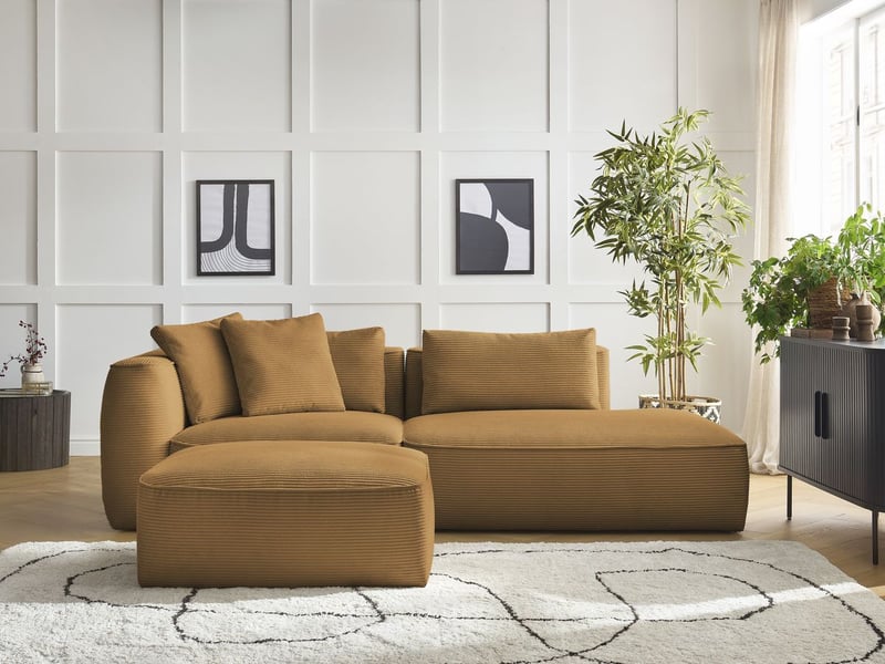 Bobochic canapé droit fixe 3 places leopold velours côtelé avec pouf jaune accoudoir gauche LEOPOLD - Conforama C