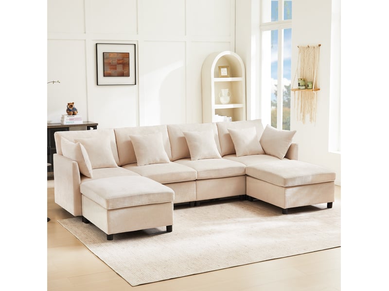 Canapé modulable ulevr 6 places convertible en u ou l, 278 x 161 cm, tissu chenille beige, 2 poufs et 6 coussins - Conforama D