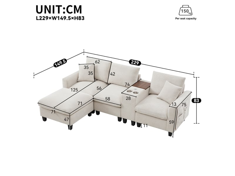  Canapé d'angle l convertible, console, porte-gobelets, usb, poches accoudoirs, coussins, velours côtelé, beige evarich - Conforama C