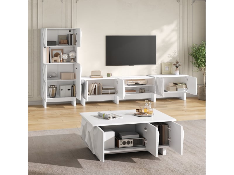  Ensemble de meubles de salon tcqpz 3 pièces avec meuble tv, vitrine et table basse, façades 3d géométriques, blanc  - Conforama E