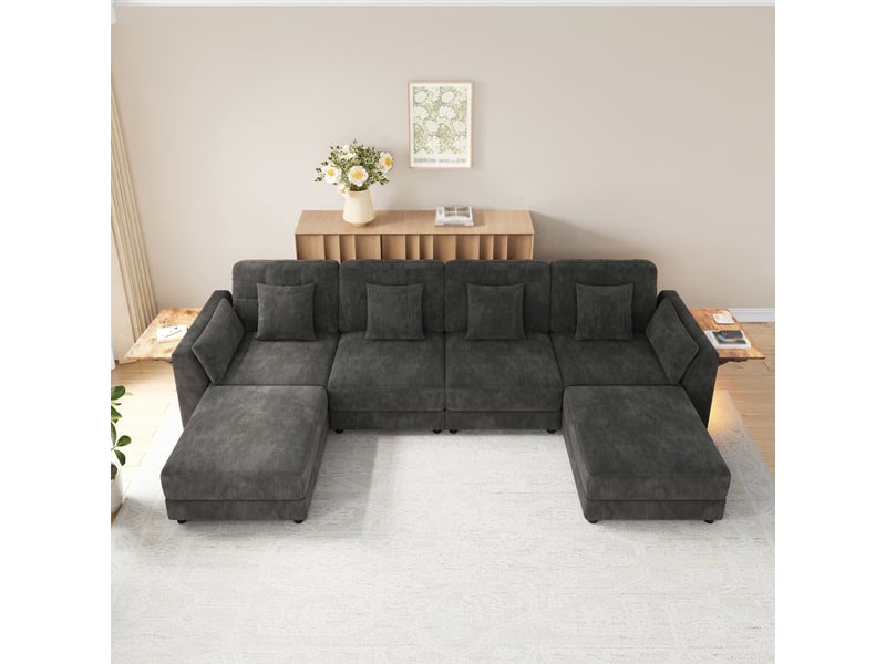 Canapé modulable en chenille gris, canapé d'angle ul avec éclairage led & table rabattable, 6-7 places pour grand salon moderne - Conforama D