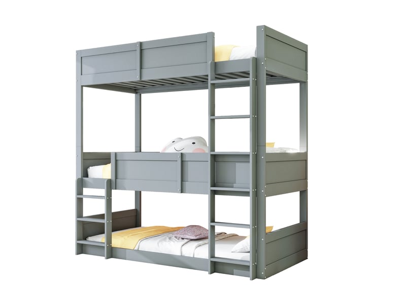 Lit superposé enfant 90x200 cm – gris – 3 couchages modulables avec barrières hautes - sans matelas  - Conforama A