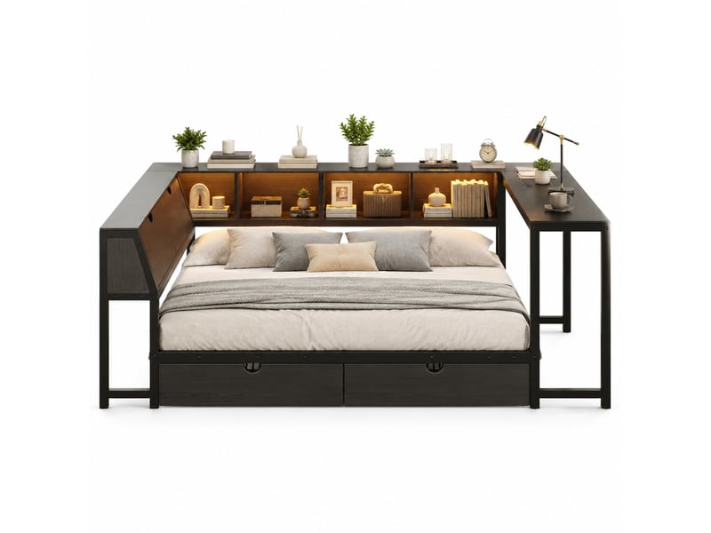 Lit double 140 × 200 cm avec bureau, tête de lit relevable, 2 tiroirs, éclairage led, métal et mdf, pour chambre, noir - Conforama A